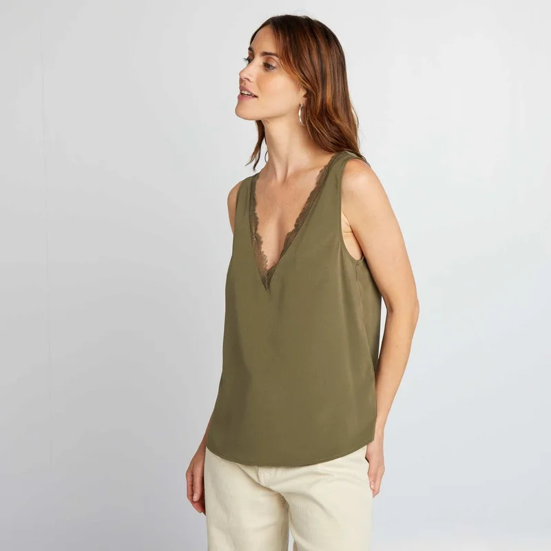 Kiabi Sleeveless Blouse With Lace Collar Khaki