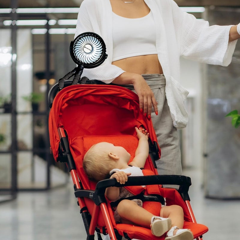 Comfort Zone مروحة stroller المحمولة من Comfort Zone بسرعة 3 سرعات مع بطارية قابلة للشحن ومروحة قابلة للتثبيت بزاوية 360 درجة وحامل مرن للتبريد مع تثبيت آمن مثالي لعربات الأطفال ومقاعد السيارات والأسرة أو أجهزة المشي باللون الأسود - Image 3