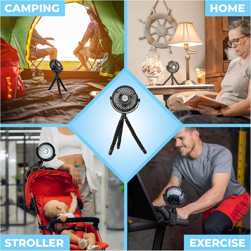 Comfort Zone مروحة stroller المحمولة من Comfort Zone بسرعة 3 سرعات مع بطارية قابلة للشحن ومروحة قابلة للتثبيت بزاوية 360 درجة وحامل مرن للتبريد مع تثبيت آمن مثالي لعربات الأطفال ومقاعد السيارات والأسرة أو أجهزة المشي باللون الأسود - Image 4