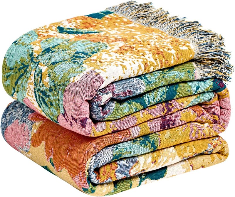 LUTBM Boho Throw Blanket for Couch Sofa Chair Cotton Blankets for Bedroom Living Room All Season Soft Lightweight Reversible Floral Embroidery Throws 50"x60" - Image 1