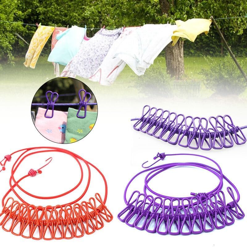 Nibbler Cloth Drying Rope with Hooks - Elastic Hanging Rope for Travel, Home, and Outdoor Drying - Includes 12 Clips-Kapde Sukhane ki Rassi Wire - Multicolour (2) - Image 1
