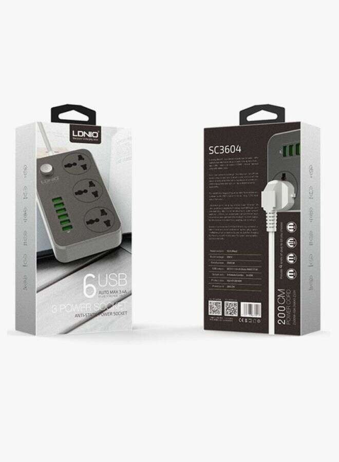 3-Power Socket Extension with 6-Port USB Charging Station – Multi-Plug Power Strip Adapter with Surge Protection, Universal Outlets & Smart USB Charging – 162 x 97 x 38mm – Ideal for Home & Office - Image 2