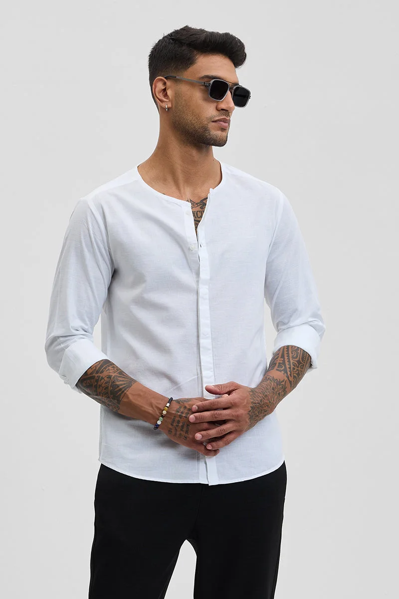SNITCH White Solid Long Sleeve Slim Fit Casual Shirt