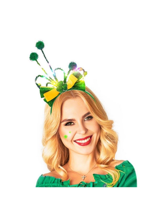 Woeoe St Patricks Day Headband Light Up Shamrock Headpieces Green Big Bow Sparkle Hair Hoop Irish Headpieces Accessories Party Headwear For Women And Girl (St Patricks Day) - Image 3