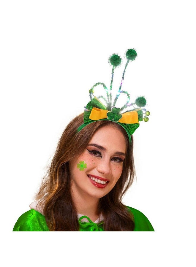 Woeoe St Patricks Day Headband Light Up Shamrock Headpieces Green Big Bow Sparkle Hair Hoop Irish Headpieces Accessories Party Headwear For Women And Girl (St Patricks Day) - Image 1