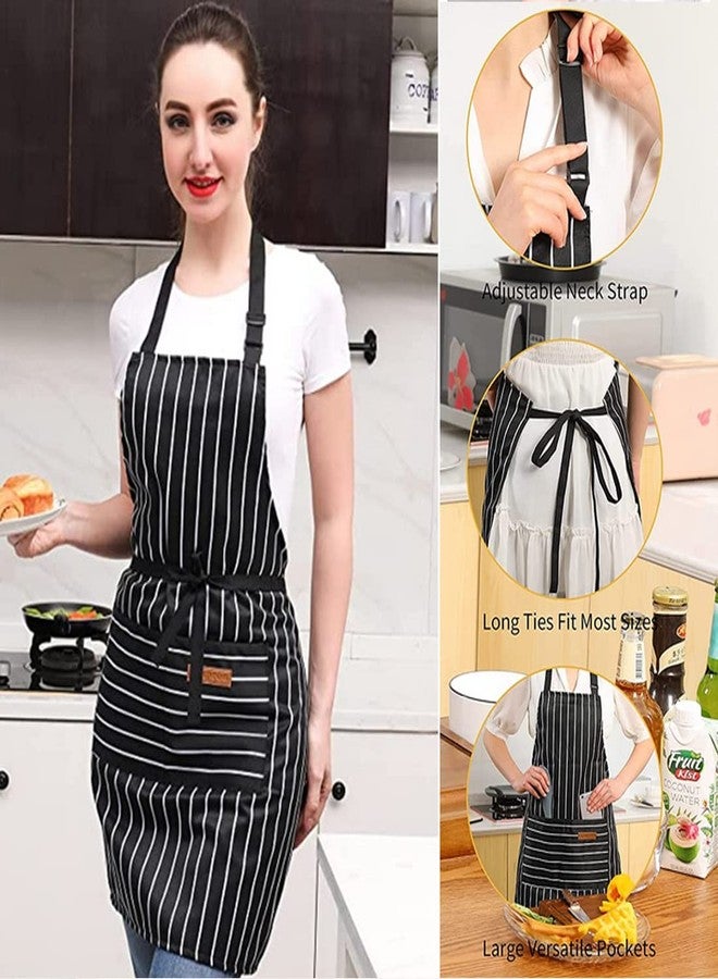 RUIBOLU Adjustable Bib Apron with 2 Pockets Cooking Kitchen Cotton Aprons for Women Men Chef Restaurant BBQ Painting Crafting, Long Ties Neck Strap (Black Stripes) - Image 2