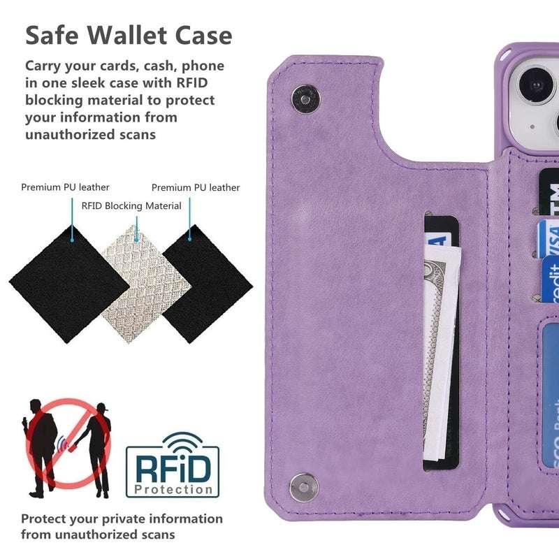 iCoverCase Compatible with iPhone 14 Plus Wallet Phone Case with Card Holder for Women, RFID Blocking Embossed PU Leather Wrist Strap Case 6.7 Inch (Heart Purple) - Image 4