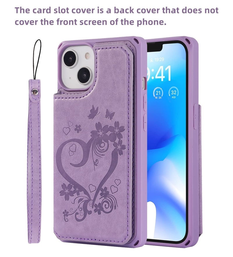 iCoverCase Compatible with iPhone 14 Plus Wallet Phone Case with Card Holder for Women, RFID Blocking Embossed PU Leather Wrist Strap Case 6.7 Inch (Heart Purple) - Image 3