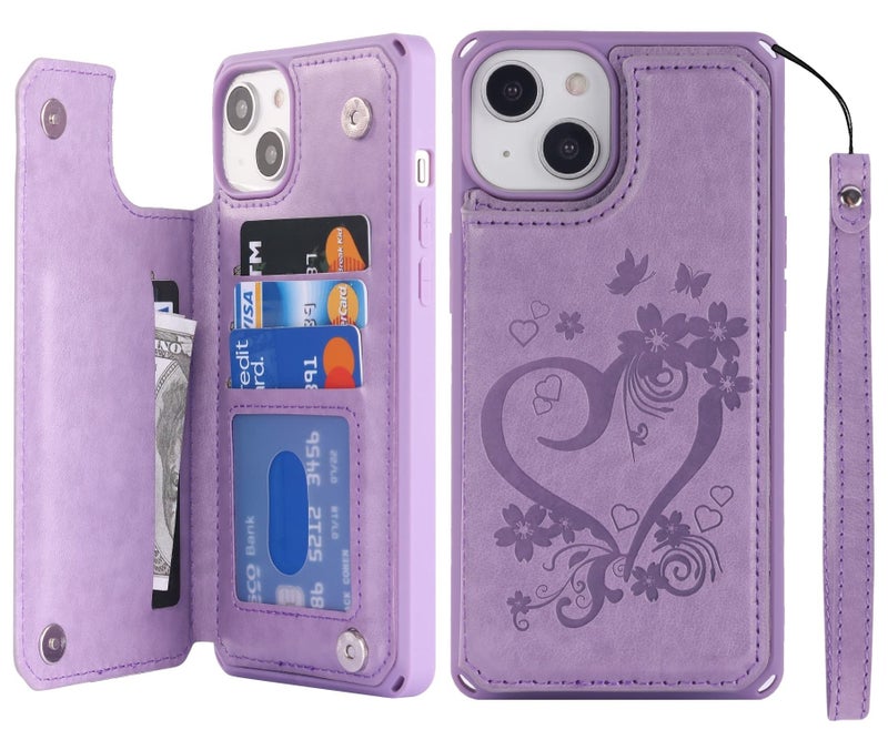 iCoverCase Compatible with iPhone 14 Plus Wallet Phone Case with Card Holder for Women, RFID Blocking Embossed PU Leather Wrist Strap Case 6.7 Inch (Heart Purple) - Image 1