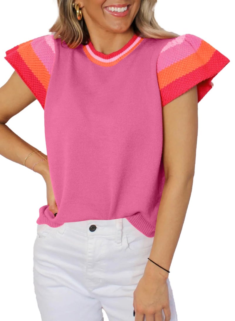 Shein SHEWIN Spring Tops for Women 2026 Casual Crewneck Cap Sleeve Womens Sweaters Loose Fit Lightweight Knit Pullover Sweater Top Vacation Outfits for Women Hot Pink S - Image 1