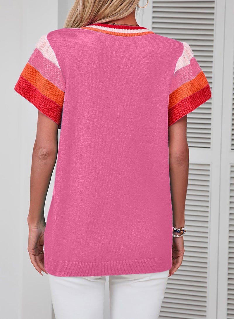 Shein SHEWIN Spring Tops for Women 2026 Casual Crewneck Cap Sleeve Womens Sweaters Loose Fit Lightweight Knit Pullover Sweater Top Vacation Outfits for Women Hot Pink S - Image 2
