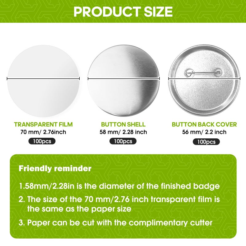 folconroad 300 Pcs 58mm/2.28 inch Button Maker Supplies, 58mm Button Supplies Parts, (Approx. 2.25 inch) Round Badge Blank Button Pins, Includes Metal Pin Back Cover, Metal Cover, Clear Film - Image 2