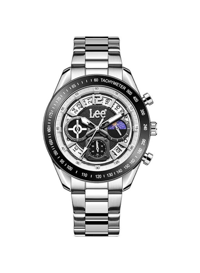 LEE Men'S Multi-Function Three-Eye Chronograph Trendy Quartz Watch Men'S Wristwatch Steel Strap Silver M470Abds-Sssy - Image 1