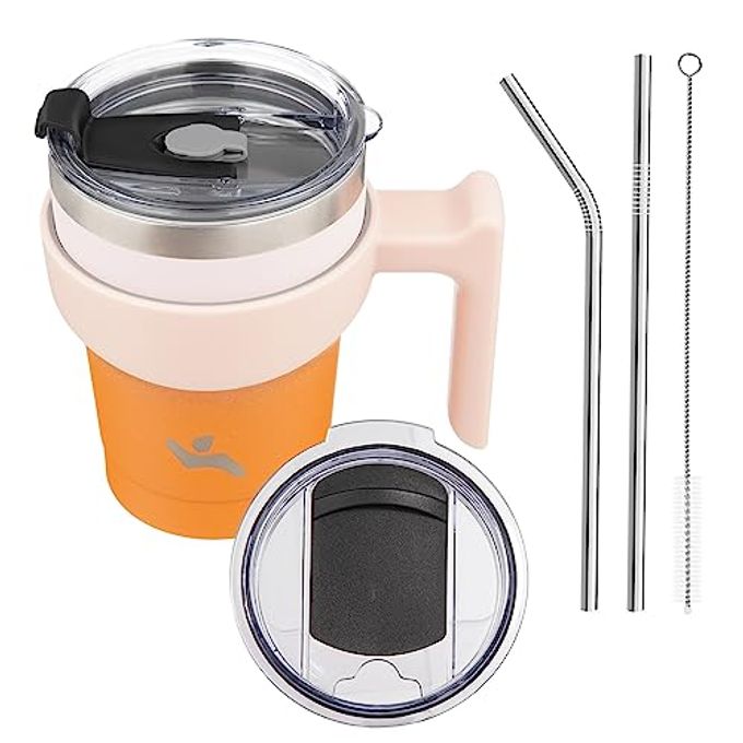 Konokyo 10 oz Tumbler with Handle and 2 Straw 2 Lid, Insulated Water Bottle Stainless Steel Vacuum Cup Reusable Travel Mug,Coral