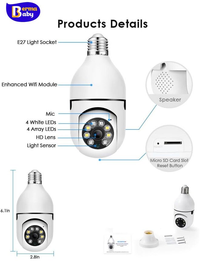 Berma Baby - 360 Degree Light Bulb Security Camera 2Pack 5G& 2.4GHz WiFi 2K Security Cameras Wireless 2 Way Audio, Spotlight Night Vision, E27 Screw-in CCTV Camera White - Image 1