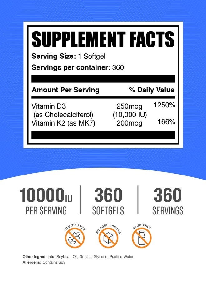 BulkSupplements.com Vitamin D3 + K2 10000 IU Softgels - K2 D3 Vitamin Supplement, for Immune Health - Gluten Free, 1 Softgel per Serving, 360 Count (Pack of 1) - Image 2