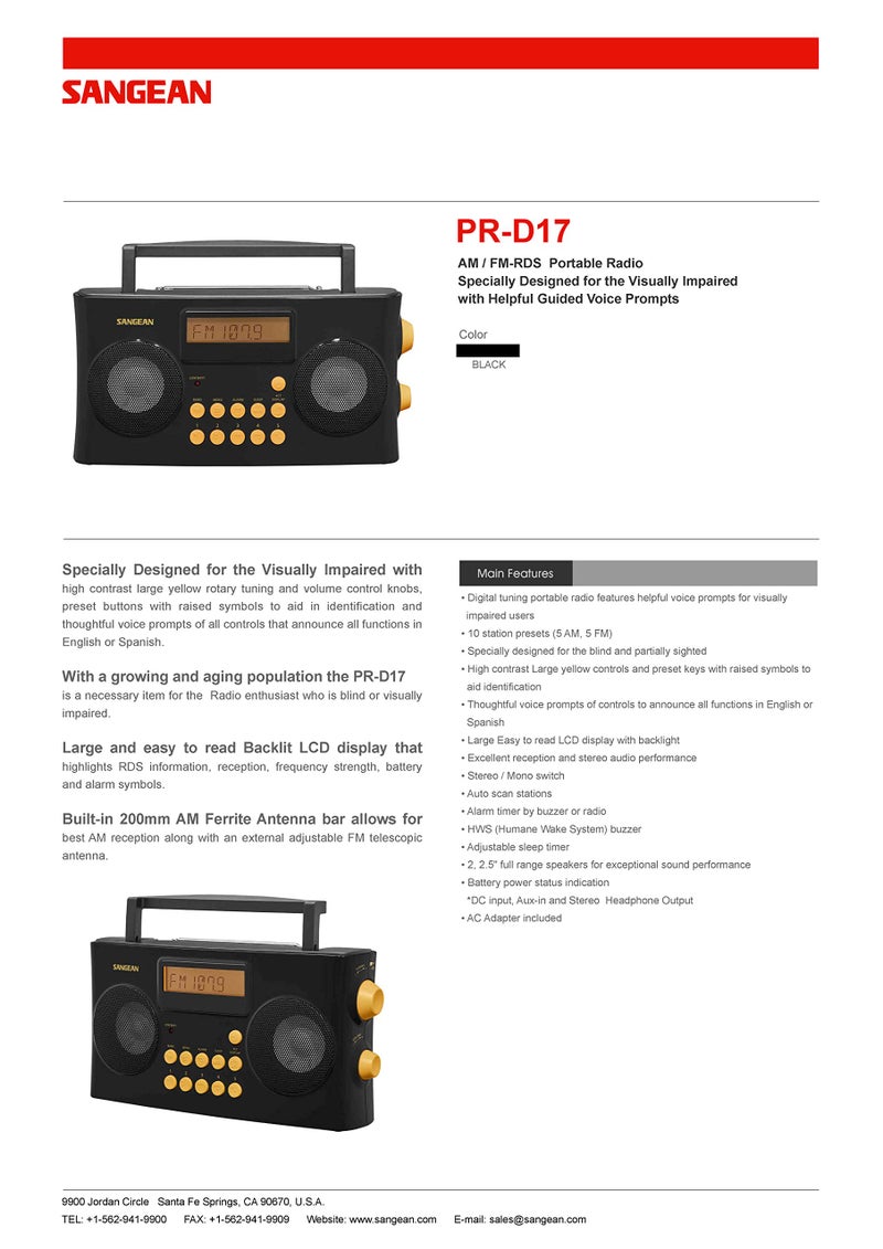 Sangean PR-D17 AM/FM-RDS Portable Radio Specially Designed for The Visually Impaired with Helpful Guided Voice Prompts, high Contrast Large Yellow Controls with Raised Symbols - Image 4