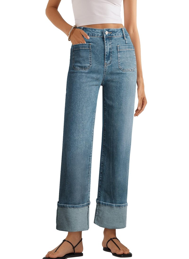 EVALESS Womens Jeans High Waisted Stretchy Cuffed Wide Leg Denim Pants with Pockets Navy Blue Size 16 - Image 1