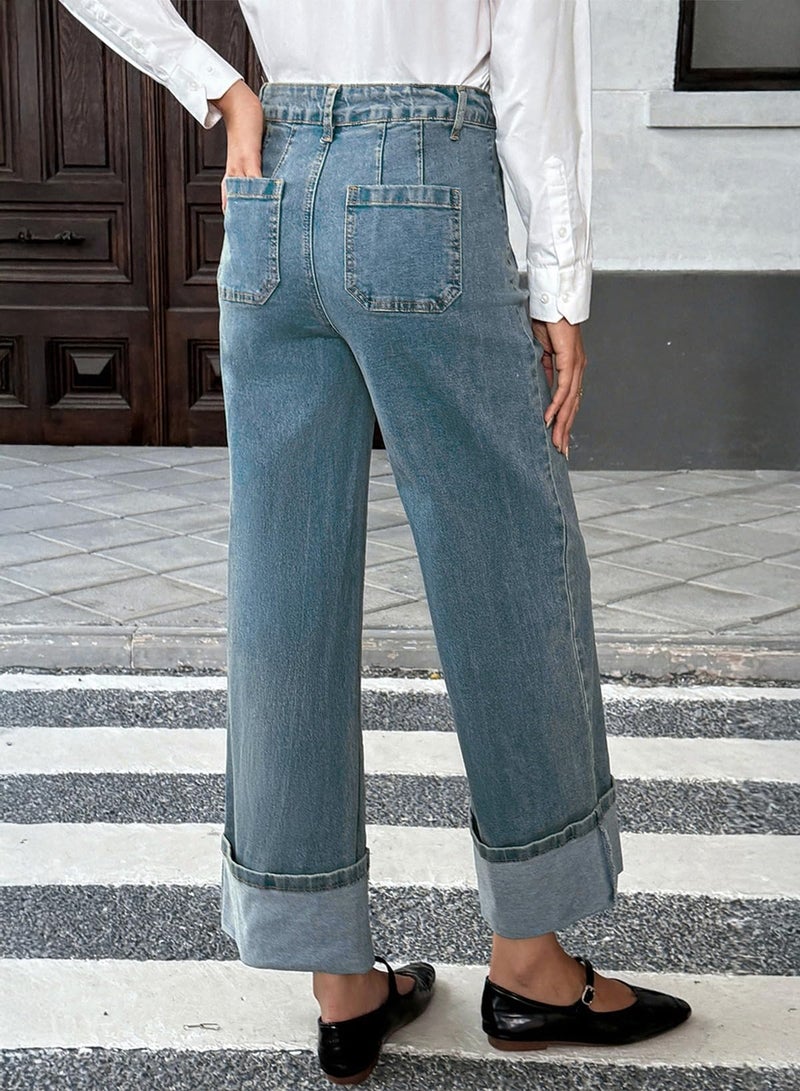 EVALESS Womens Jeans High Waisted Stretchy Cuffed Wide Leg Denim Pants with Pockets Navy Blue Size 16 - Image 3