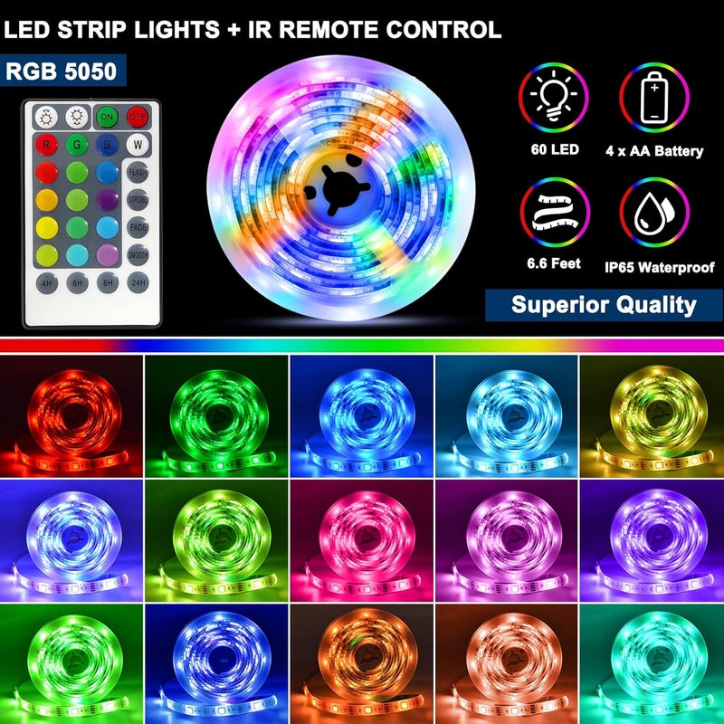 echosari Battery Powered LED Strip Lights RGB, 60 LED 5050 Color Changing TV Backlights with 28-Key Remote Control, Cuttable Outdoor Strip Lights 6.6 Ft Self-adhesive DIY Lights for Skcteboard Bedroom Decor - Image 3