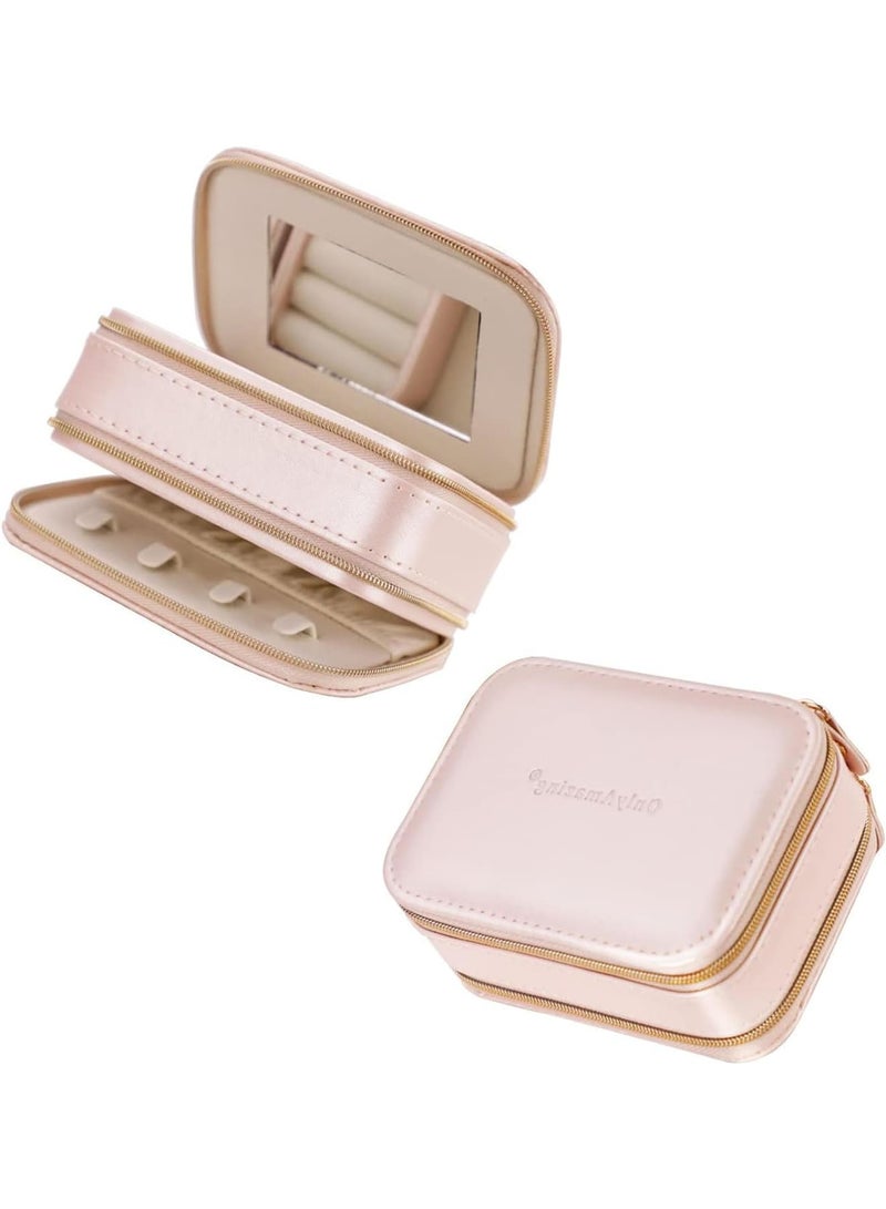 SOLARAE Jewelry Travel Organizer, Portable Jewelry Holder Case for Women Travel Jewelry Organizer Double Layer Necklace, Earring, Ring, Pendant, Bracelet Storage Box (Leather, Pink) - Image 1