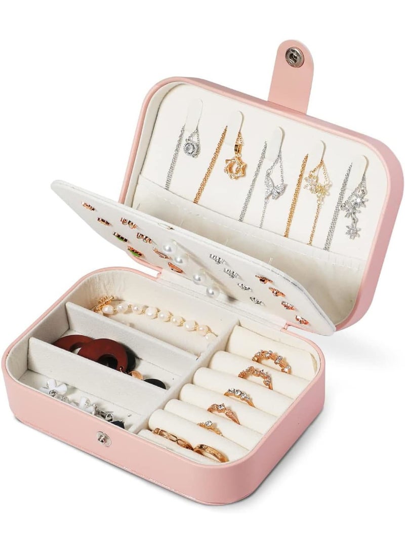 SOLARAE Jewelry Travel Organizer, Portable Jewelry Holder Case for Women Travel Jewelry Organizer Double Layer Necklace, Earring, Ring, Pendant, Bracelet Storage Box (Leather, Pink) - Image 2