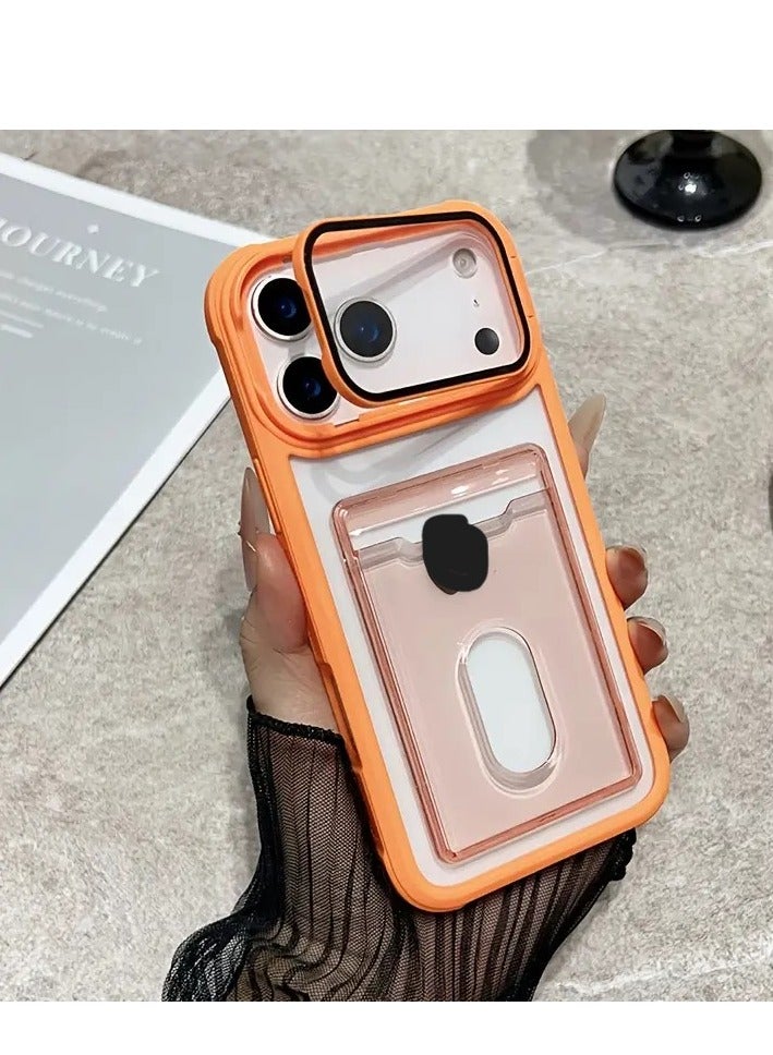 تيمو حافظة شفافة بحواف برتقالي بفتحة بطاقة مع حامل، متوافقة مع آيفون 17 برو ماكس، حامل مقاوم للصدمات، حماية العدسة، غطاء واقي شفاف.