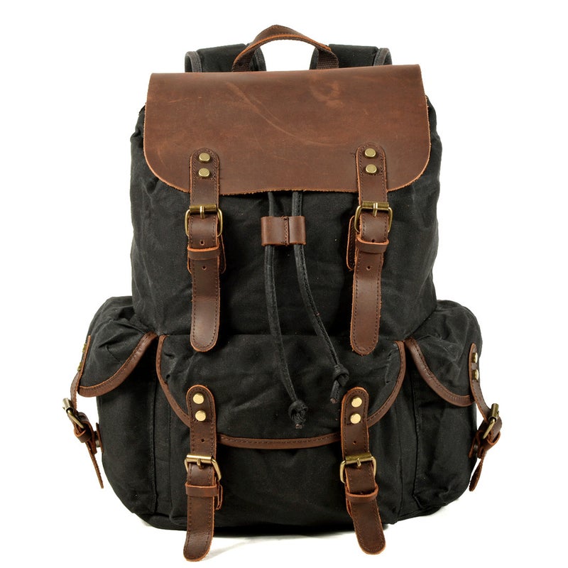 Casual Student Backpack Retro Backpack Drawstring Men'S Oil Wax Canvas Bag Trendy Cross-Body Travel Backpack - Image 1