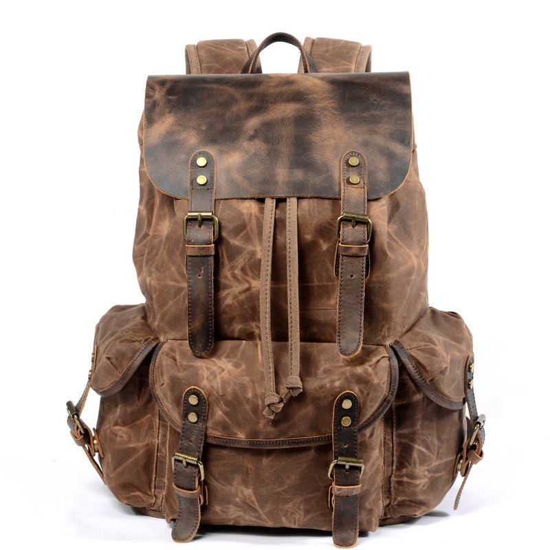 Casual Student Backpack Retro Backpack Drawstring Men'S Oil Wax Canvas Bag Trendy Cross-Body Travel Backpack - Image 2