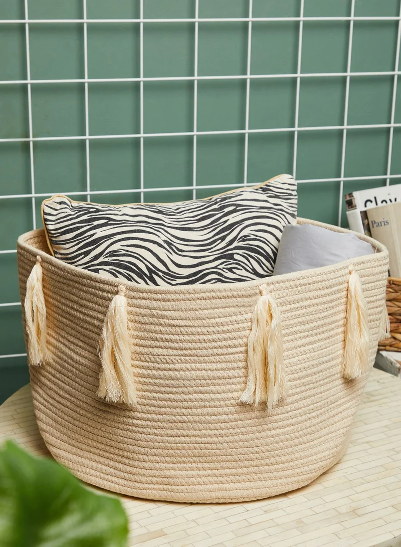 AURORA Cream Woven Storage Basket With Tassels