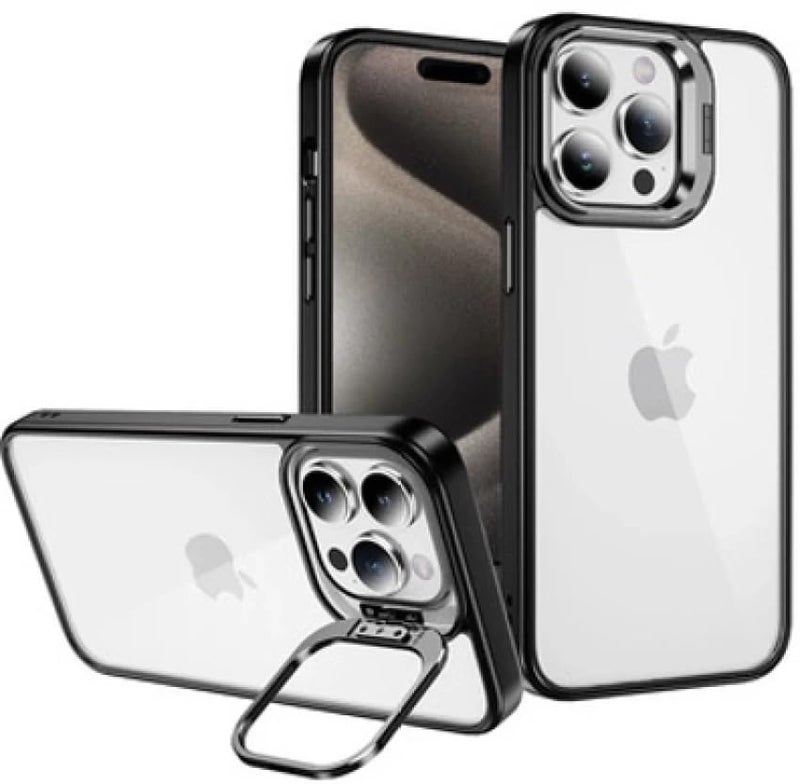 Luxury Built in Camera Lens Kickstand Case for iPhone 16 Pro, Metal Lens Hard PC Camera Ring Stand, Scratch Resistant Transparent Back Cover - Black