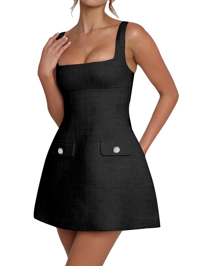 SHESEEWORLD Women's Sleeveless Tank Dress Square Neck Adjustable Straps Backless Mini Dress Black - Image 3