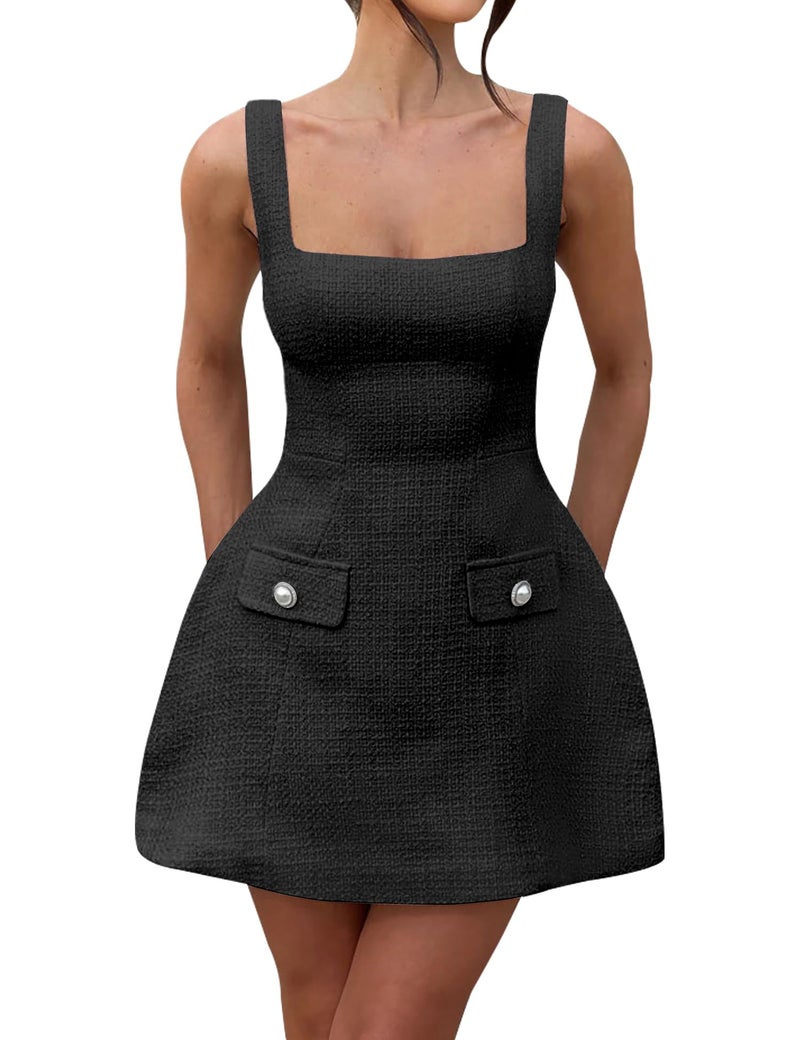 SHESEEWORLD Women's Sleeveless Tank Dress Square Neck Adjustable Straps Backless Mini Dress Black - Image 1