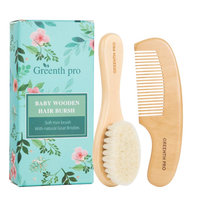 GREENTH PRO GREENTH PRO Baby Hair Bush and Comb Set Nature Lotus Wood with Soft Goat Bristle and Pear Wood Comb for Newborns Toddlers Ideal for Cradle Cap 