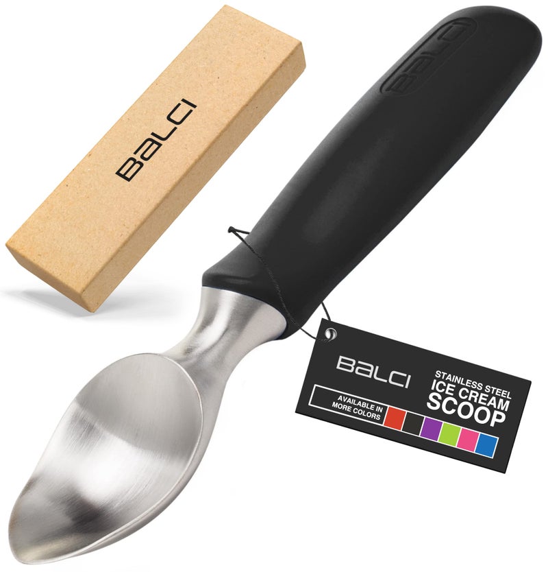 BALCI Ice Cream Scoop  Heavy Duty Stainless Steel Icecream Scooper With NonSlip Rubber Grip  Professional Metal IceCream Spade  Dishwasher Safe  Black