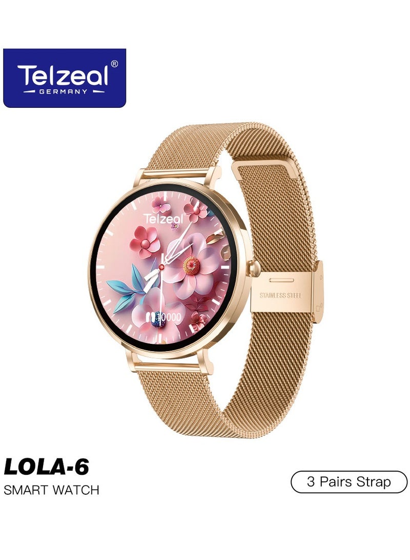 Telzeal LOLA-6 Round Shape Ultra-Slim Smartwatch with 3 Interchangeable Straps and Charging Cable Designed for Ladies Gold - Image 1