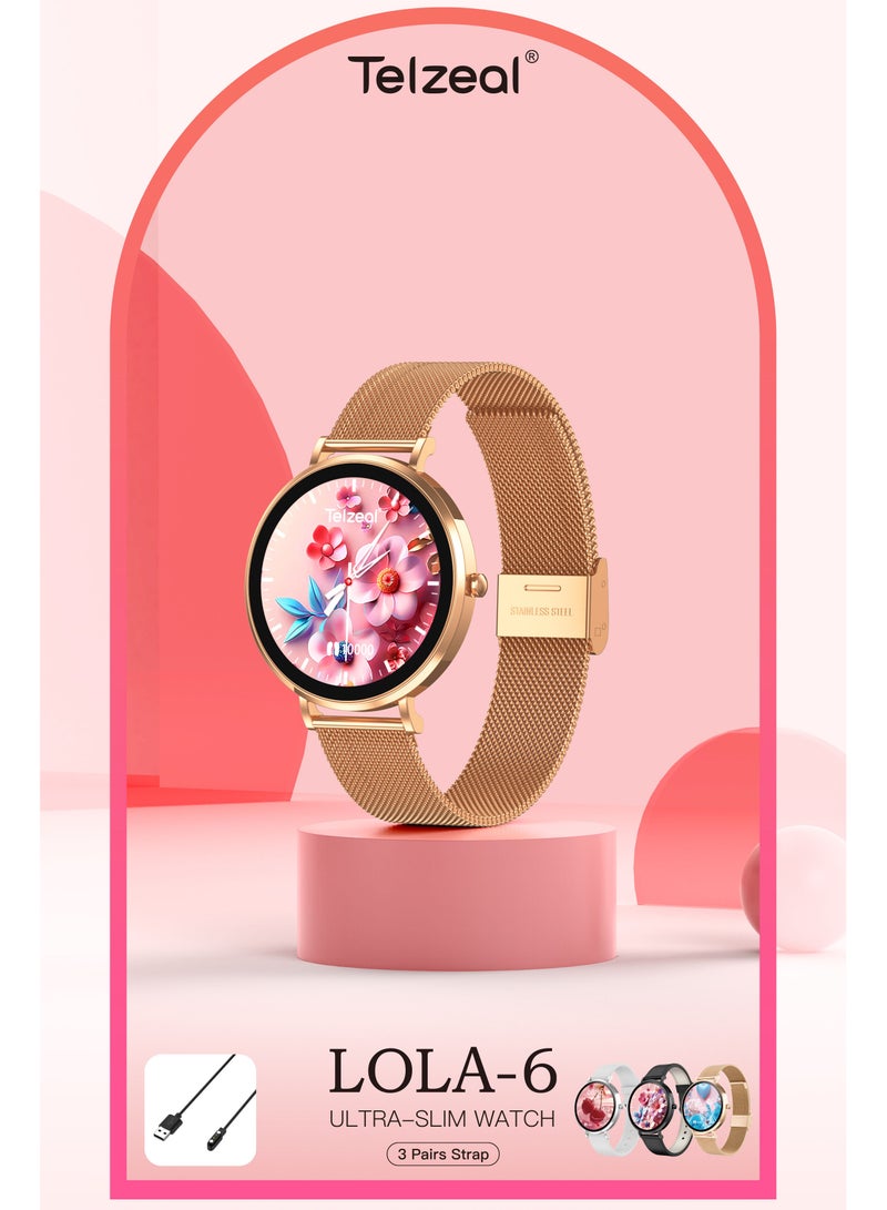Telzeal LOLA-6 Round Shape Ultra-Slim Smartwatch with 3 Interchangeable Straps and Charging Cable Designed for Ladies Gold - Image 2