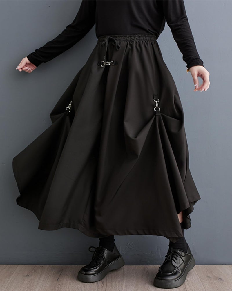 ellazhu Women's Oversized Irregular Drop Crotch Harem Hakama Pleated Drawstring Pants GZ116 Black - Image 1