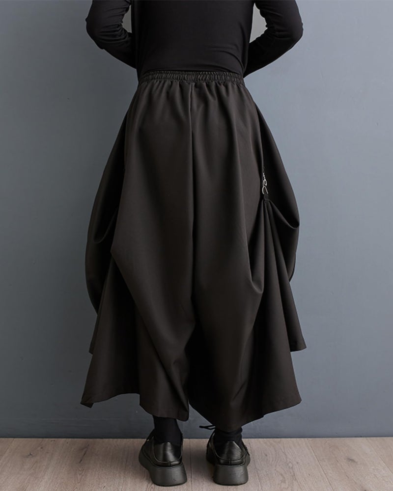 ellazhu Women's Oversized Irregular Drop Crotch Harem Hakama Pleated Drawstring Pants GZ116 Black - Image 2
