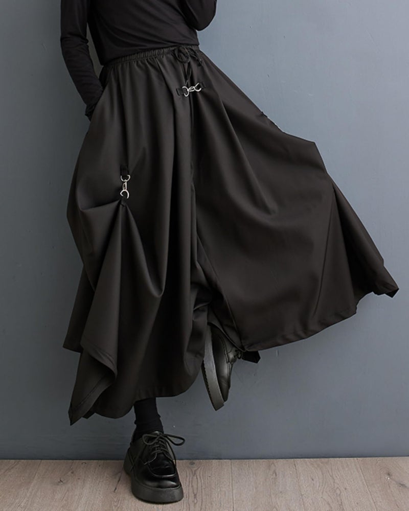 ellazhu Women's Oversized Irregular Drop Crotch Harem Hakama Pleated Drawstring Pants GZ116 Black - Image 3
