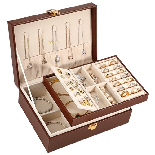 Voova Jewelry Box Organizer for Women Girls, 2 Layer Large Men Jewelry Storage Case, PU Leather Display Jewellery Holder with Removable Tray for Necklace Earrings Rings Bracelets, Caramel Brown - Image 1