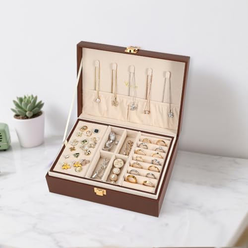 Voova Jewelry Box Organizer for Women Girls, 2 Layer Large Men Jewelry Storage Case, PU Leather Display Jewellery Holder with Removable Tray for Necklace Earrings Rings Bracelets, Caramel Brown - Image 4
