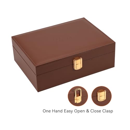 Voova Jewelry Box Organizer for Women Girls, 2 Layer Large Men Jewelry Storage Case, PU Leather Display Jewellery Holder with Removable Tray for Necklace Earrings Rings Bracelets, Caramel Brown - Image 5
