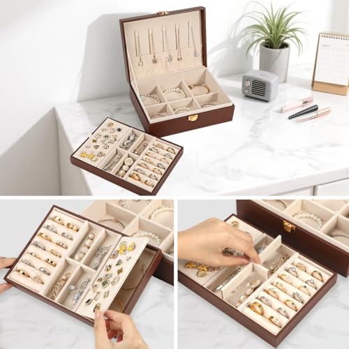 Voova Jewelry Box Organizer for Women Girls, 2 Layer Large Men Jewelry Storage Case, PU Leather Display Jewellery Holder with Removable Tray for Necklace Earrings Rings Bracelets, Caramel Brown - Image 3