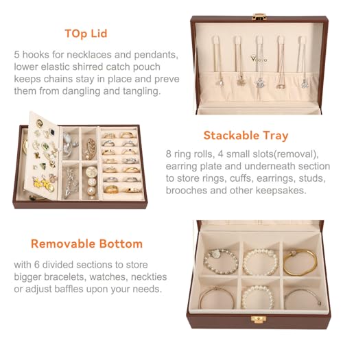 Voova Jewelry Box Organizer for Women Girls, 2 Layer Large Men Jewelry Storage Case, PU Leather Display Jewellery Holder with Removable Tray for Necklace Earrings Rings Bracelets, Caramel Brown - Image 2