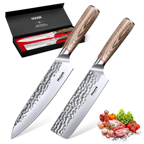 Huusk Japanese Kitchen Knife Set of 2 - Professional Chef Knives Set for Kitchen, Hand Forged Nakiri Vegetable Chopping Knife, Meat Cleaver Knife Set for Meat Cutting, Gift Idea for Men Women - Image 1