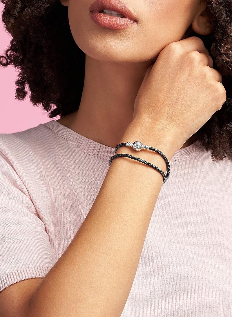 Jewelry Black Leather Charm Sterling Silver Bracelet - Image 3