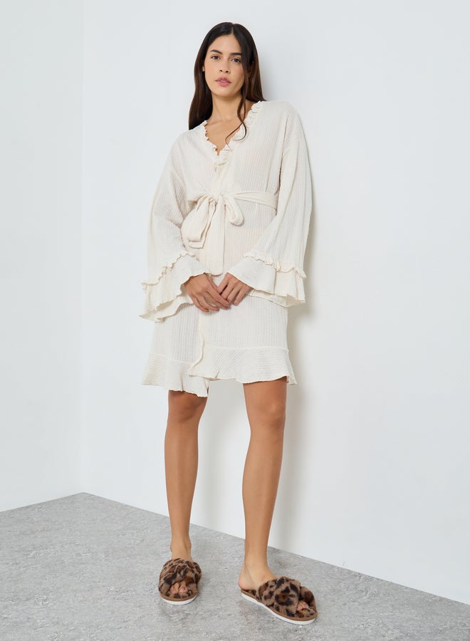 Styli Jacquard Double Ruffle Detail Tie Robe - Image 1