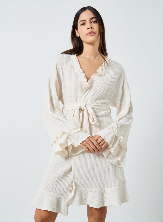 Styli Jacquard Double Ruffle Detail Tie Robe - Image 2
