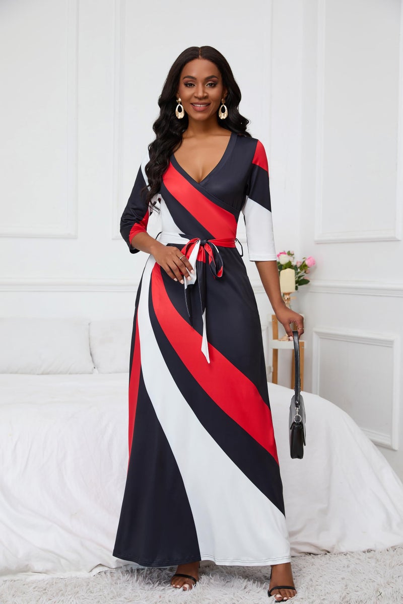 FANDEE Plus Size Maxi Dress for Women Casual Summer Sundress V-Neck 3/4 Sleeve(002-red & Black Stripes,XX-Large) - Image 5